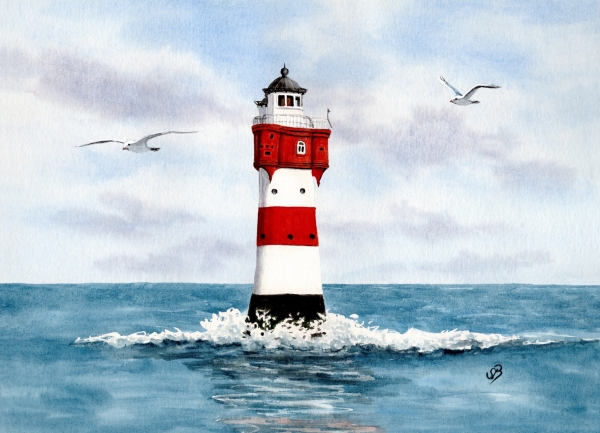 Postkarte DIN-A5  Aquarell Kunst Druck Kunstdruck Bremerhaven Leuchtturm Roter Sand - BHV2